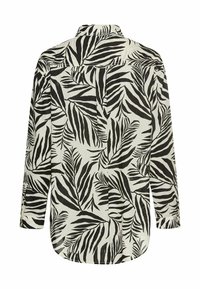 Langarmshirt van lichtgewicht stof, met een zwart-wit palmbladenpatroon. Het heeft een kraag en knoopmanchetten, met een afgeronde zoom.