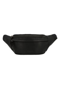 Musta nahkainen vyölaukku pyöreällä muotoilulla, jossa on etupuolella vetoketjullinen tasku ja sileä pinta. Hieman huomaamaton brändäys painettuna sivulle.