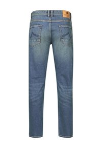 Jeans in denim, colore azzurro chiaro, design a gamba dritta, stile a cinque tasche con cuciture curve sulle tasche posteriori, dettagli in pelle sulla vita.