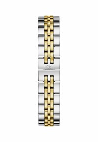 Pulsera de acero inoxidable en plata y oro con un diseño de eslabones mixtos. Presenta un acabado pulido y eslabones rectangulares dorados en el centro.