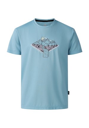 Hellblaues kurzärmliges T-Shirt mit einem Design von Berg, Fluss, Sonne, Bäumen und Zelt über dem Text "Get lost in nature" vorne.