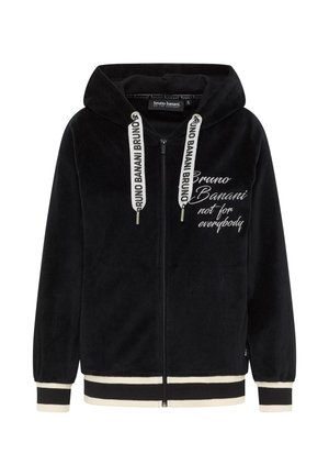 Sort zip-up hættejakke i blødt materiale med kontrasterende cremede stribede manchetter og kant, samt grafisk tekst på forsiden og snore til hætten.