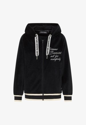 Sort zip-up hættejakke i blødt materiale med kontrasterende cremede stribede manchetter og kant, samt grafisk tekst på forsiden og snore til hætten.
