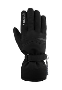 Guanti softshell neri con superficie texturizzata, cinturino regolabile al polso e dettagli del logo, progettati per offrire calore e presa in condizioni di freddo.