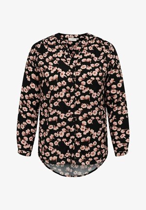 Sort bluse med blomster i pink, lange ærmer, V-hals og knaplukning foran. Har en buet kant og let, struktureret stof.
