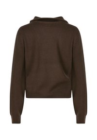 Pull côtelé marron avec capuche, possédant des manches longues et une silhouette crop. La texture est douce et le design est simple et fonctionnel.