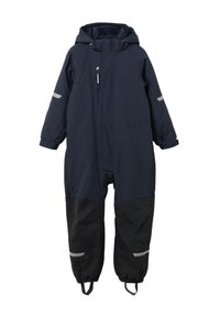 Tummansininen ja musta talvihaalari hupulla, heijastavilla yksityiskohdilla, vetoketjulla ja elastisilla hihansuilla, suunniteltu tarjoamaan lämpöä ja kestävyyttä.