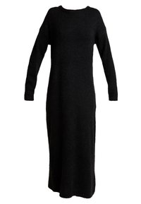 Robe en maille noire, manches longues, col rond, longueur mi-cuisse, texture douce, coupe légèrement oversize, sans motifs ni accents visibles.