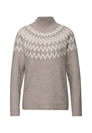 Taupe pletený svetr s vysokým límcem a bílým cikcak vzorem přes hrudník a rukávy, dlouhými rukávy a žebrovanými manžetami a lemem.