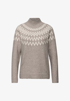Taupekleurige gebreide trui met hoge kraag en wit zigzagpatroon over de borst en mouwen, lange mouwen en geribbelde boorden en zoom.