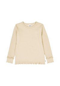 Camicia a maniche lunghe in tessuto a coste beige, con orli arricciati alle maniche e all'orlo, scollo rotondo e etichetta del marchio sul lato.