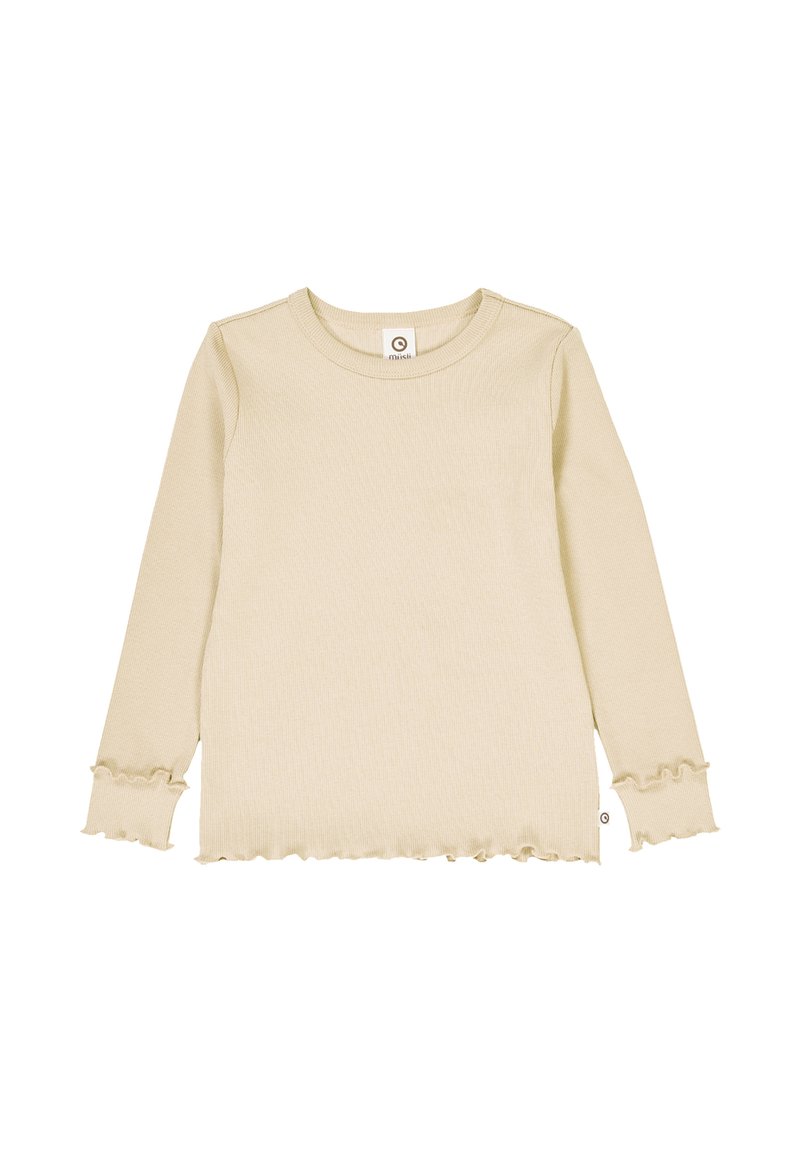 Camicia a maniche lunghe in tessuto a coste beige, con orli arricciati alle maniche e all'orlo, scollo rotondo e etichetta del marchio sul lato.