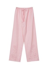 Pantalons légèrement roses à coupe ample avec une taille élastique et un cordon de serrage, ornés de broderies florales près de l'ourlet. Tissu doux et respirant.