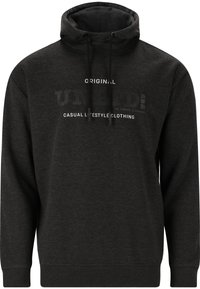 Svart hoodie i mjuk tyg, med dragsko på huvan och en framgrafik som inkluderar ordet "UNLTD" samt text om avslappnad livsstil.