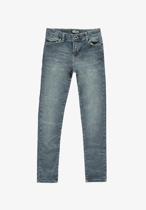 Lichtblauwe spijkerbroek van denim, met een recht gesneden pijp, lichte vervaging, vijf-pocket ontwerp en een knoopsluiting bij de taille.