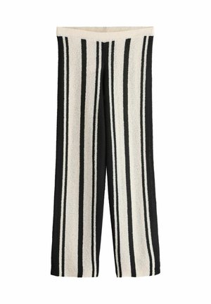 Black and white vertical striped wide-leg knit pants with an elastic waistband, displayed flat on a white background.