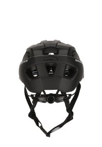 Schwarzer Fahrradhelm mit elegantem Design, Belüftungslöchern, verstellbaren Riemen und einem hinteren Einstellrad zur Größenanpassung.
