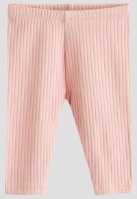 Lyserøde ribbede leggings med elastisk talje, længde til midt på læget, og syede sømme over det hele. Blødt, strækbart bomuldsstof.