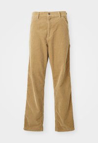 Pantalones de pana marrón claro con bolsillos frontales, presillas para cinturón, cierre de botón y corte recto, dispuestos en plano sobre un fondo blanco.