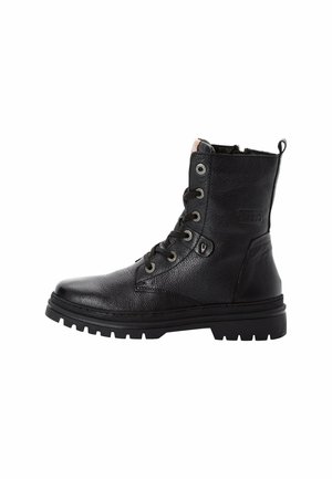 Zwarte leren enkellaarsjes met een gestructureerd oppervlak, ronde neus, vetersluiting aan de voorkant en een rubberen zool met een diepe structuur voor grip.