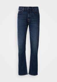 Jeans in denim blu scuro con un design a gamba dritta, dotati di cinque tasche, zip frontale e cuciture a contrasto. Tessuto testurizzato con una finitura liscia.