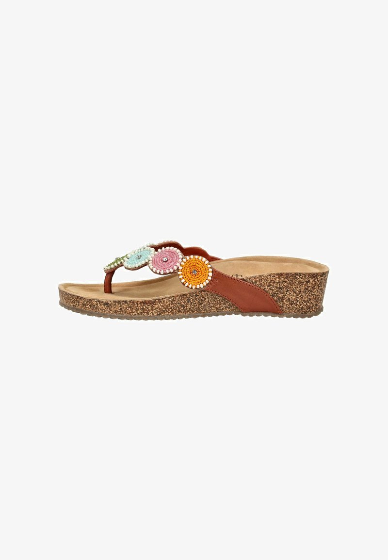 Kilesandal med korksål, brune læderremme og farverige perleblomsterdekorationer på den øverste rem.