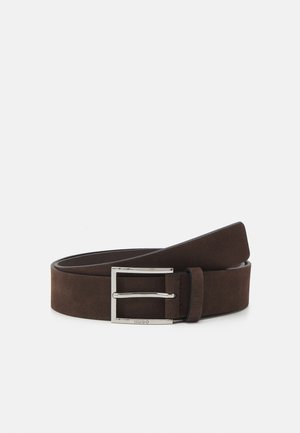 Brown suede belt with a silver-tone metal buckle, featuring a double prong design and smooth edges for a sleek finish.