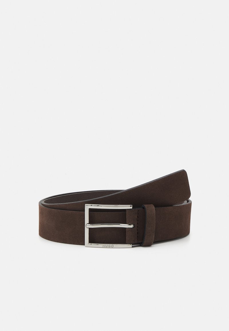 Brown suede belt with a silver-tone metal buckle, featuring a double prong design and smooth edges for a sleek finish.