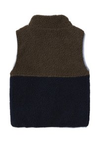 Fliisist vest kõrge kraega, millel on pruun ülemine osa ja tumesinine alumine osa. Tekstuuriga kangas kogu ulatuses.