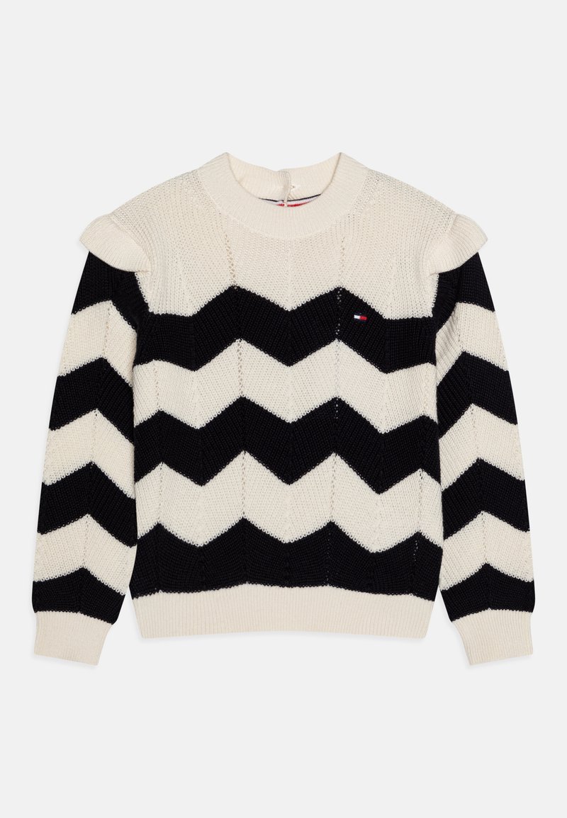 Strickpullover mit Chevron-Muster in Schwarz und Creme, rundem Halsausschnitt und Rüschendetails an den Schultern. Weiche Textur mit gerippten Bündchen.