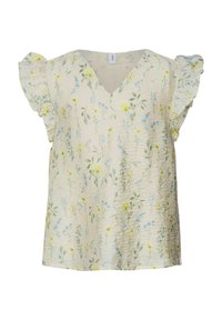 Blusa in tessuto leggero con motivo floreale, scollatura a V e maniche a volant, con fiori gialli e blu su sfondo crema.