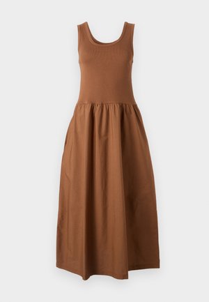 Brown sleeveless dress with a fitted top and a flowing, gathered skirt. Made of soft fabric, it features a round neckline and mid-length design.