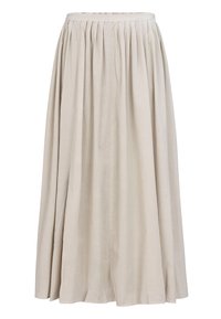 Beige, knielanger Rock aus leichtem Stoff. Mit Falten und einem breiten Bund für eine fließende Silhouette.