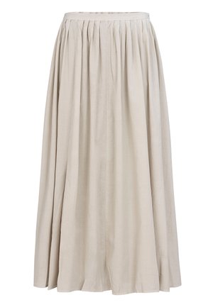 Beige, knie-lange rok van lichtgewicht stof. Heeft plooien en een brede tailleband voor een vloeiende silhouet.