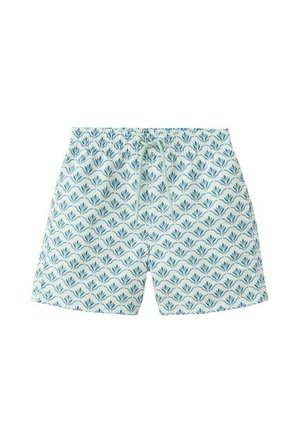Shorts de bain bleu clair avec un motif répétitif de feuilles bleu foncé, taille élastique et cordon de serrage ajustable à l'avant.