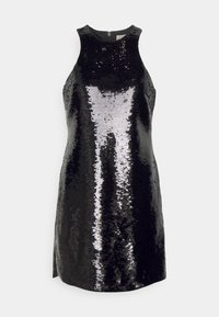 Robe noire pailletée sans manches, avec un col haut et une fermeture éclair dans le dos. Texture lisse avec des paillettes réfléchissantes.