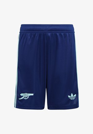 Shorts da allenamento blu navy realizzati in tessuto morbido, con strisce laterali azzurro chiaro e loghi ricamati sul fondo delle gambe.