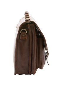 Borsa a tracolla in pelle marrone con una superficie texturizzata, dotata di una tracolla, elementi metallici e scomparti multipli per l'organizzazione.