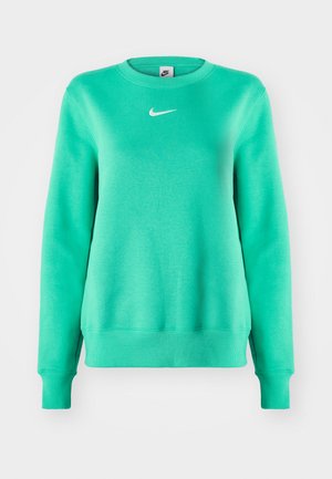 Green sweatshirt made of soft fabric, featuring a round neck, long sleeves, and a small white logo on the chest. Simple design, no patterns.