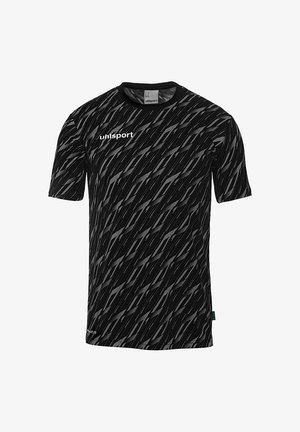 Sort trænings t-shirt med korte ærmer, der har et tekstureret diagonalt mønster i nuancer af grå. Logoet er placeret øverst til venstre.