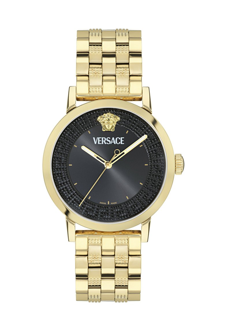 Kuldtooni analoogkäekell musta tekstureeritud kellapäevaga, Versace logo 12. kohal ja kuldne randmevariant mustriga lülidega.