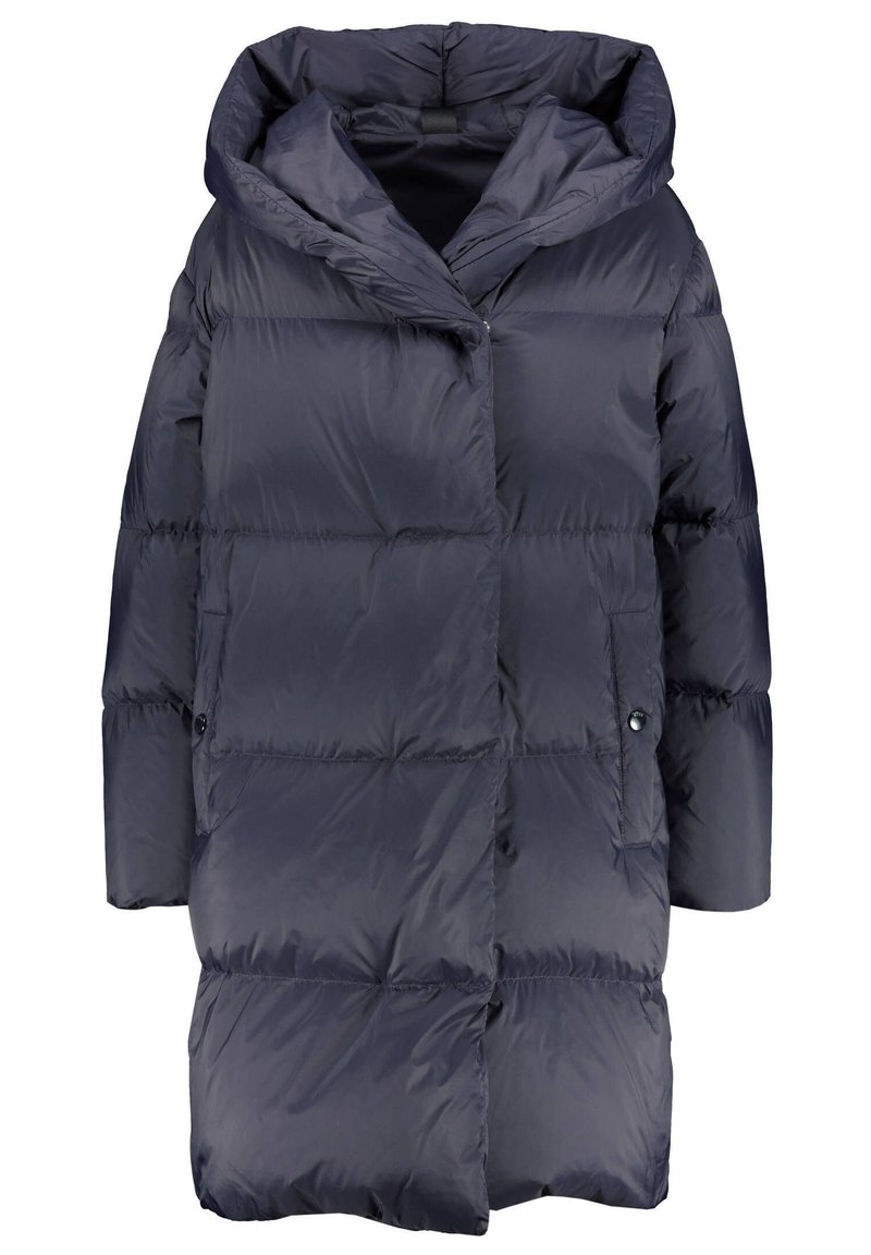 Donkerblauwe lange donsjas met grote capuchon, zakken aan de voorkant met drukknopen en horizontale stiksels voor isolatie.