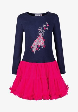 Marineblaues langärmeliges Kleid mit rosa Tüllrock und einem bestickten Design eines Mädchens im Kleid mit Schmetterlingen auf der Brust.