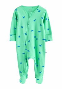 Green cotton baby onesie with long sleeves, blue dinosaur print, front zipper closure, and footed design. Soft texture, snug fit.