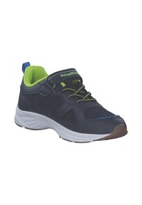 Navyblaue Sportschuhe aus Netzgewebe mit limettengrünen Akzenten und weißer Sohle. Verfügt über einen Klettverschluss und runde Schnürsenkel für einen sicheren Sitz.