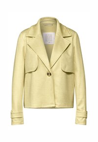 Giacca herringbone giallo chiaro con collo a scollo, due tasche frontali, chiusura con un solo bottone e cinturini per polsini regolabili.