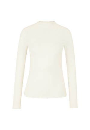 Top ajustado de mangas largas en tejido acanalado blanco crema. Presenta un cuello alto y detalles de dobladillo deshilachado para un aspecto texturizado.