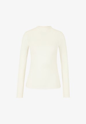 Długi rękaw, dopasowany top w kremowo białym, prążkowanym materiale. Posiada wysoki dekolt i postrzępione wykończenia, co nadaje mu teksturowany wygląd.