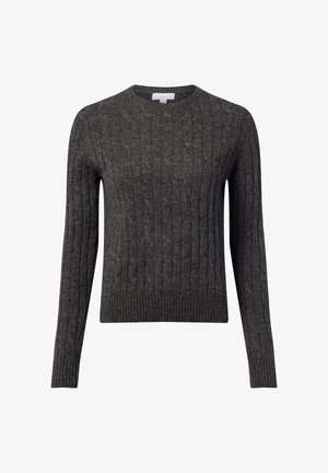 Szary sweter z prążkowanego dzianiny z okrągłym dekoltem i długimi rękawami, charakteryzujący się teksturowanym wykończeniem i dopasowanym dołem. Prosty i uniwersalny design.