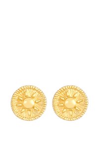 Pendientes circulares en tono dorado con diseño texturizado de rayos de sol y una cúpula central brillante. Presenta patrones radiales detallados alrededor del borde.